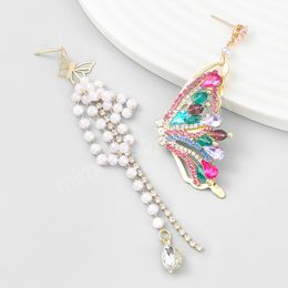 Trend Metal Rhinestone Imitation Pearl Butterfly Asymmetric Dangle Earrings Party Simple Statement Earrings