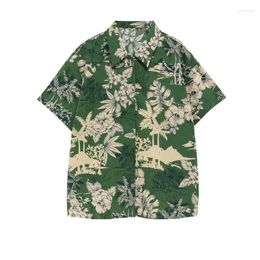 Men's Casual Shirts Green Short-sleeved Shirt Men's Summer Thin Section Hong Kong Flavor Retro Hawaii Travel Floral Beach Flower Tide