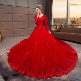 Cathedral Train Red Wedding Dresses Lace 2022 V-neck Long Sleeve Applique Beads Sequins Bridal Dress Wedding Gowns Plus Size Custo251w