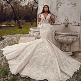 2020 Plus Size Arabic Aso Ebi Luxurious Beaded Lace Wedding Dresses Mermaid Sheer Neck Bridal Dresses Vintage Wedding Gowns ZJ034256O