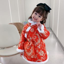 Ethnic Clothing 2023 Girl A-Line Skirt 3-8 Years Old Chinese Style Cheongsam Floral Cute Sweet Fur Dress Quilted Thick