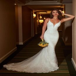 Open-Back Mermaid Wedding Dresses Spaghetti Plunging Neckline Lace Wedding Dress Bridal Gowns Sexy Bride Formal Gown254W