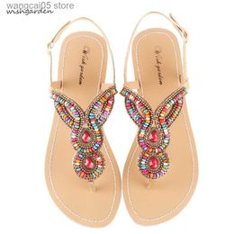 Sandals NEW Summer Retro String Bead Women Beach Sandals American Style Female Slipper Mulher T-Strap Flops Parent-Child Shoes Plus Size T230619