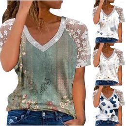 Women's T Shirts Womens Short Sleeve Tops V Neck Floral Print Casual Loose Lace Tunic Basic Tees