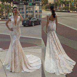 Crystal Design Mermaid Wedding Dresses Deep V Neck Back Hollow Dresses Bridal Gowns Lace Sequins Abiti Da Sposa Vestido De Novia342d