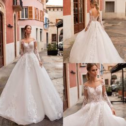 2019 NAVIBLUE DOLLY Beach Wedding Dresses Sheer Jewel Neck Lace Appliqued A Line Long Sleeve Country Wedding Dress Button Back Ves2467
