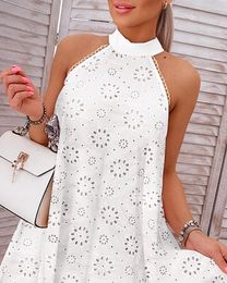 Casual Dresses Eyelet Embroidery Halter Sleeveless Dress 2023 Women High Waist Swing Summer Vestidos Pencil Party Sexy