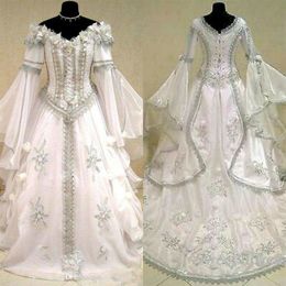 Medieval Wedding Dresses Witch Celtic Tudor Renaissance Costume Victorian Gothic Off The Shoulder Long Sleeve Wedding Dress Bridal268f