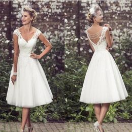 Elegant Tea Length Short Wedding Dresses Cap Sleeves Appliques Lace Wedding Gowns Tulle V Neck Short Bridal Gowns Cheap267f