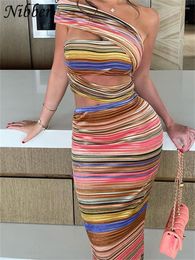 Party Dresses Nibber Colourful Stripes Maxi Dress Women Hollow Backless Split Diagonal Collar Female Vacation Streetwear Bodycon Clothing