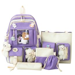 Backpacks 5pcs Sets Childrens School Backpack Kawaii Womens Bagpack Bookbag Laptop Bag For Teens Girls Mochilas Students Sac 230617