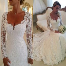 Vestidos De Noiva Long Sleeves Lace Sheath Wedding Dresses V neck Appiqued Formal Bridal Gowns Winter Fully Lined Wedding Dress207w