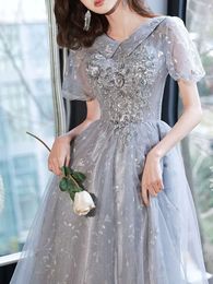 Elegant Silver Gray Prom Dress Long Evening Gowns V-Neck Short Sleeves Applique with Beads Floor Length Formal Wearing