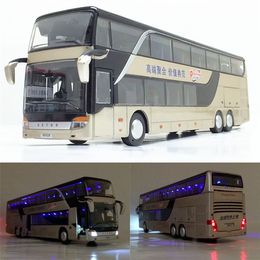 Diecast Model Car Sale High quality 1 32 alloy pull back bus model high imitation Double sightseeing bus flash toy vehicle 230617