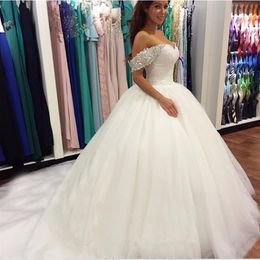 New Beads Crystal Off the Shoulder Sweetheart Lace White Ball Gowns Wedding Dresses for brides Puffy Wedding Gowns314q