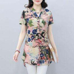 Women's Blouses Women's Clothing Vintage Folk Printed Midi Shirt Commute Elegant V-Neck Summer Casual Spliced Short Sleeve Split