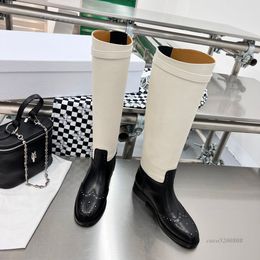 Fashion Genuine Leather Women Long Boots Mixed Colour Slip On Low Heels Woman Knee High Boot Runway Outfit Party Dress Booties