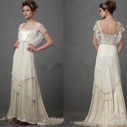 Vintage 1920s Catherine Deane Lita Wedding Dresses with Sleeves Fairy Lace Chiffon V-neck Full Length Bridal Wedding Gowns Custom 275S