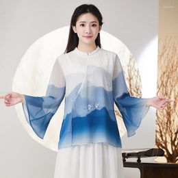 Ethnic Clothing Spring Summer Chinese Women Vintage Improved Zen Style Hanfu Printed Chiffon Top Art Set Qipao Retro Blouse