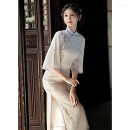 Ethnic Clothing Spring White Vintage Cheongsam Improved Half Sleeve Women Evening Dress Embroidery Chinese Style Elegant Long Qipao