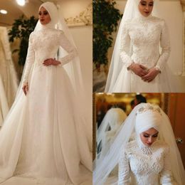 Vestido De Novia Vintage Muslim Wedding Dresses with Matching Veil Lace Beaded Sweep Train Garden Wedding Gowns Custom Made287g