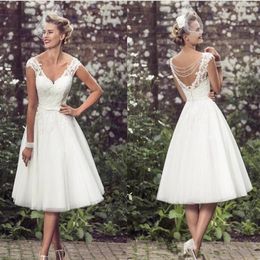 1920s Elegant Tea-Length Wedding Dresses retro V Neck Cap Sleeves Appliques Lace Tulle Ball Gown Short country Wedding Dresses2717