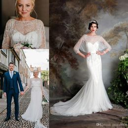 Great Gatsby Vintage Luxury Country Wedding Dresses 2019 Modest Jenny Packham Half Sleeve Beaded Mermaid Bridal Gowns Eliza Jane H291K