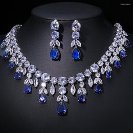 Necklace Earrings Set Royal Blue Cubic Zirconia Earring Jewellery For Women Huge Drop Wedding Bridal Shiny Party Gift