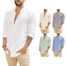 Men's Casual Shirts 2023 Linen Standing Collar Male Solid Color Long Sleeves Cotton Shirt Tops Summer Chemise Homme#G