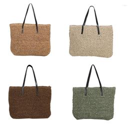 Duffel Bags Women Boho Woven Straw Large Capacity Tote Bag With Faux Leather Handle Zipper Weaving Single Shoulder Handbag Purse 066F