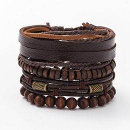 Bangle ZG Selling Fashion DIY Four Piece Set Vintage Men's Cowhide Bracelet Multi Layered Wooden Bead Accessories