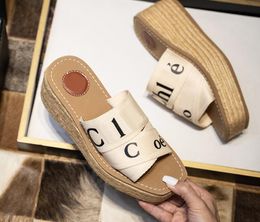 Net red Ch home fashion letter straw woven platform slippers women wear a word leisure canvas wedge sandals women36---41