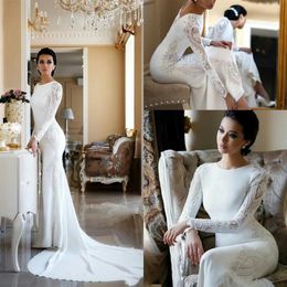 2020 Modest Satin Mermaid Wedding Dresses Lace Appliqued Beaded Sweep Train Boho Wedding Dress Bridal Gowns Plus Size Long Sleeves222k