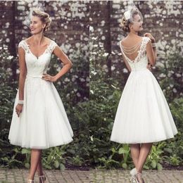 Elegant Tea Length Short Wedding Dresses Cap Sleeves Appliques Lace Wedding Gowns Tulle V Neck Short Bridal Gowns Cheap280I