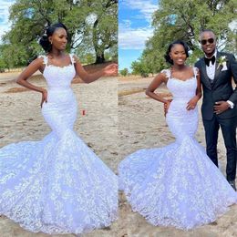 Gorgeous South African Mermaid Wedding Dresses Sexy Spaghetti Lace Appliques Bridal Gowns Princess Sweep Train Wedding280W