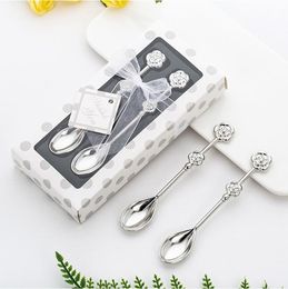 Stainless Steel Rose Spoon Gift Boxes 2pcs/set Metal Rose Flower Spoons Set Tea Coffee Drinking Teaspoon Bridal Wedding Gifts Q215
