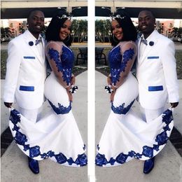 New White Satin Royal Blue Lace Aso Ebi African Dresses Long Illusion Sleeves Applique Formal Gowns Pageant Wedding Dress212i
