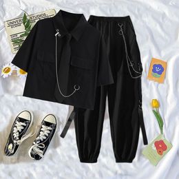 Woman Pants Spring And Summer New Suit Loose Tie Chain Shirt+Cargo Pants Two-piece Pant Suits Y2K Met Urban Vintage Woman