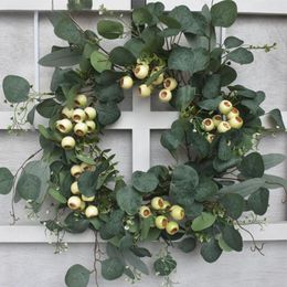 Decorative Flowers 50cm Artificial Eucalyptus Leaf Wreath Simulation Garland With Berries For Front Door Wall Window Decoration