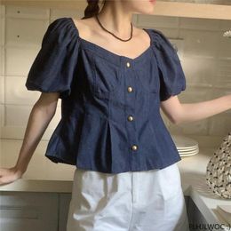 Women's Blouses Short Denim Shirt 2023 Summer Design Temperament Women Cute Japan Girls Blue Jeans Single-Breasted Button Shirts