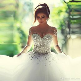 Beaded Crystals Arabic Bridal Gowns Princess Gown Sweetheart Long Sleeves Sheer Neck Tulle Lace Up Ball Gown Wedding Dresses SB005240g