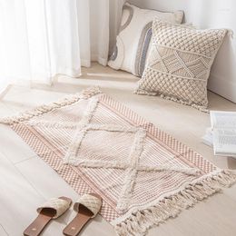 Carpets Retro Bohemian Hand Woven Cotton Carpet Tassel Geometric Floor Mat Bedroom Tapestry Nordic Simple Decorative Blanket Area Rug