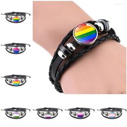Charm Bracelets LGBT Leather Bracelet Gay Pride Rainbow Glass Snap Button Handmade Wrap Braided PU Lesbian Bisexual Jewelry