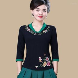 Ethnic Clothing Cheongsam Womens Plus Size Tops 2023 Summer Cotton Embroidery Splicing V-Neck Tradition Chinese Style Dance Costume Shirts