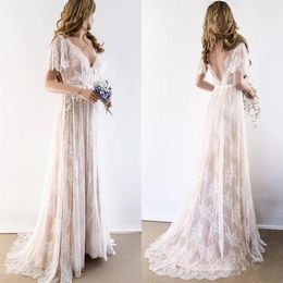 2022 Champagne Country Bohemian Wedding Gown Dresses V neck Short Sleeves Lace Backless Bridal Gowns Plus size205V