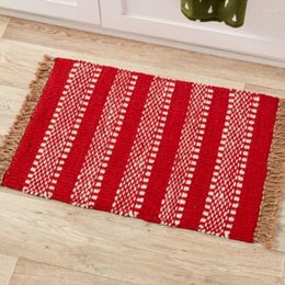 Carpets Cotton Jute Rugs Red White Striped Carpet Hand Woven Tasseled Throw Mat Home Decor Living Room Floor 34x20 Inches