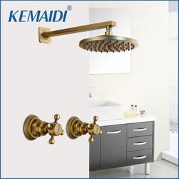 Bathroom Shower Heads KEMAIDI Shower Faucet Sets 8 inch Antique Brass Round Wall Mounted Bathroom Rainfall Head 2 Handles Shower Sets 230617
