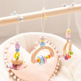 Rattles Mobiles 3pcs Baby Wooden Pendant Colourful Ring-Pull Beech Ring Baby Play Gym Wooden Teether BPA Free For Crib Rattle Pendant Toys Gifts 230617