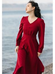 Casual Dresses Ladies Autumn Clothes Retro For Women 2023 Elegant V-neck Spring Fashionable Femininas One Piece Dress