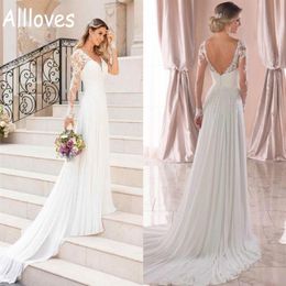 Beach Boho Wedding Gowns With Long Sleeves Bohemian Lace Appliques A Line Chiffon Garden Bridal Dress V Neck Sweep Train Sexy Back237l